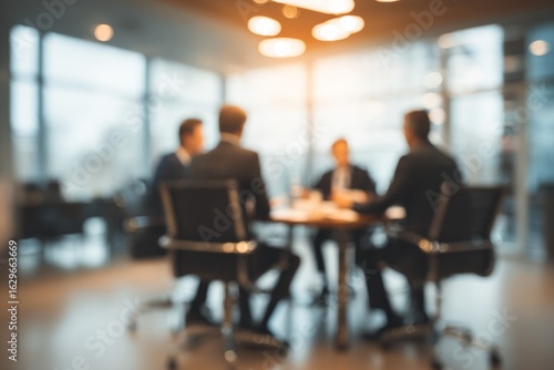Blurred image of business meeting with four caucasian adult males in office setting
