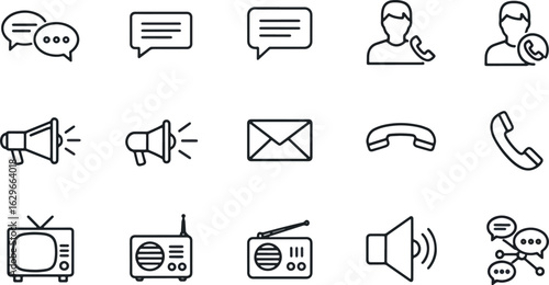 Collection of communication icons: speech bubbles, megaphone, email, phone, radio, television, and speaker.