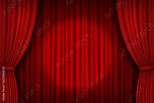 Theatre red curtains tie back and spotlight background. Vector