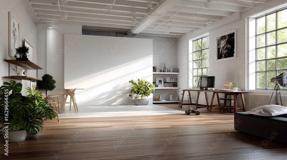 Fototapeta premium Modern Minimalist Living Room with Wood Floors and White Walls