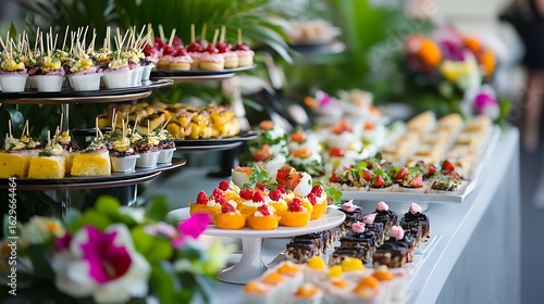 Party food catering setup with colorful dishes desserts and drinks served at indoor wedding hall