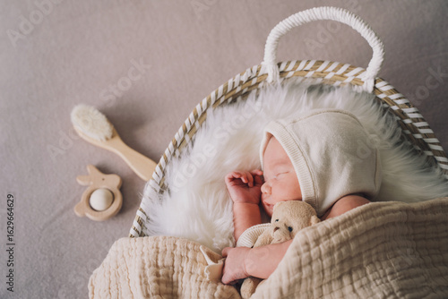 Papier peint Sleeping newborn baby in basket wrapped in blanket in white fur background