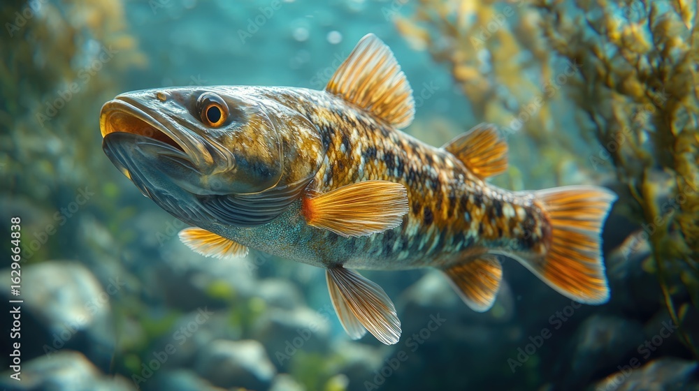 Naklejka premium A river pike glides near soft plants, surrounded by flowing water. Calm depths, serene underwater atmosphere.