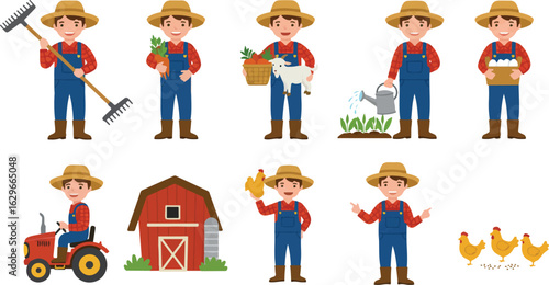 Flat Cartoon Male Farmer Character – Country Life Poses Vector Illustration for Agriculture and Rural Living Themes