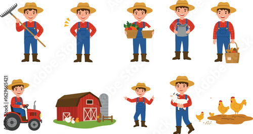 Cartoon Male Farmer in Flat Style – Rural Farming and Country Living Poses for Agriculture Design