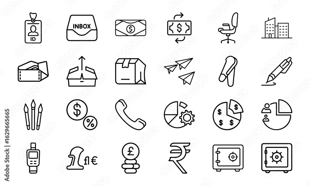 Fototapeta premium Business and Office Icon Bundle – Finance, Currency, Communication, Charts, ID, Pen, Office Tools, Safe, and Company Line Icons for Corporate Design and UI