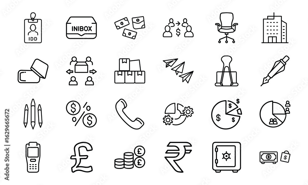Fototapeta premium Business and Office Icon Bundle – Finance, Currency, Communication, Charts, ID, Pen, Office Tools, Safe, and Company Line Icons for Corporate Design and UI