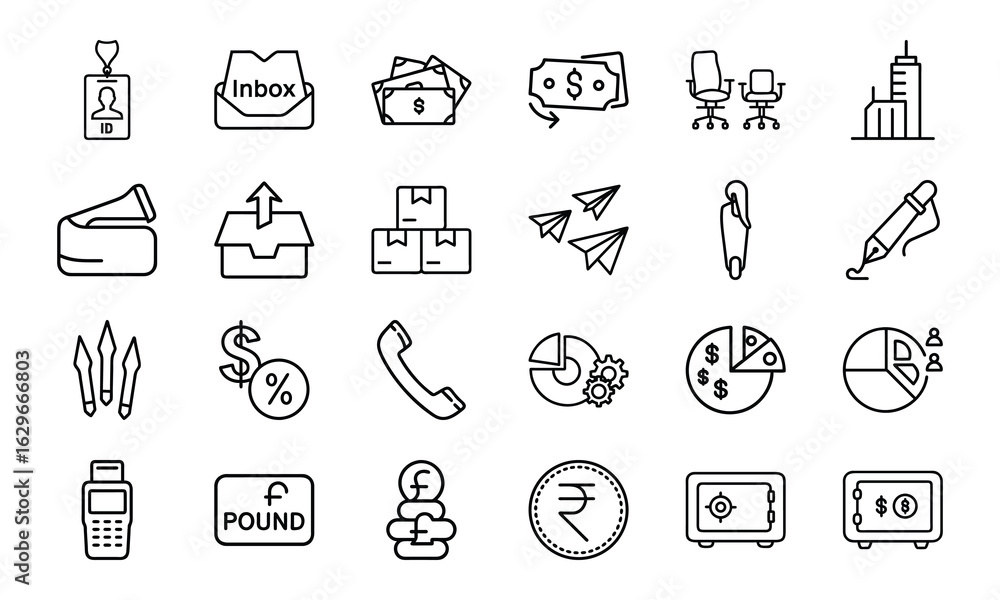 Naklejka premium Business and Office Icon Bundle – Finance, Currency, Communication, Charts, ID, Pen, Office Tools, Safe, and Company Line Icons for Corporate Design and UI