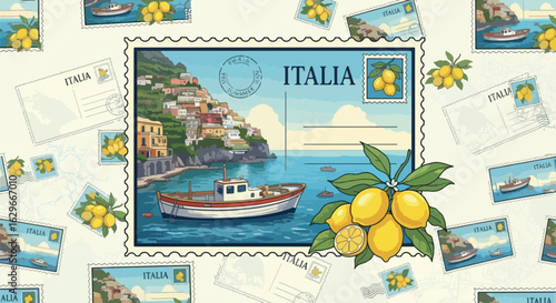 An illustration featuring a postcard of the Italian coast with a boat, lemons, and scattered postcards.