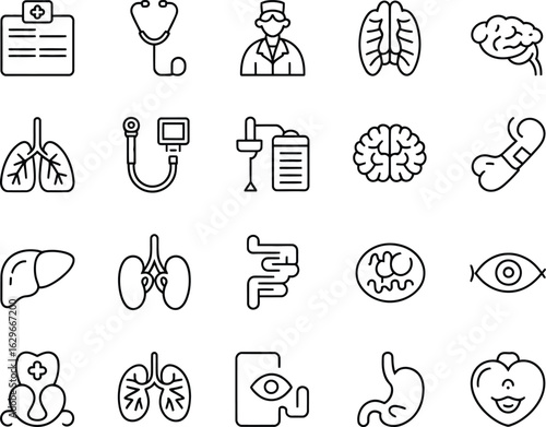 Healthcare and Medical Outline Icons Collection Representing Doctors Organs and Medical Tools for Diagnosis and Treatment