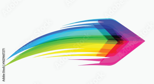 An abstract illustration featuring a colorful, layered arrow shape on a white background, conveying movement and direction.