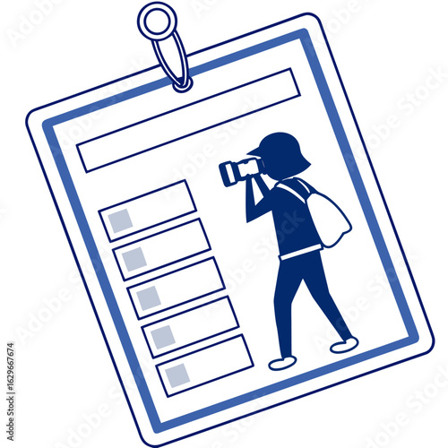 Badge with checklist and photographer icon in blue outline and white fill with safety pin on top