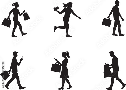 Shoppers carrying bags and gifts, diverse silhouettes in motion
