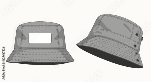 A detailed vector mockup of a bucket hat, front and slightly tilted view, grey color