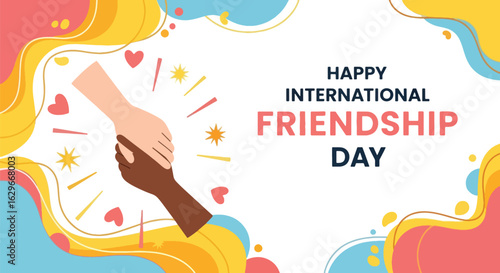 Illustration celebrating International Friendship Day, showing two hands clasped together, with a colorful background.