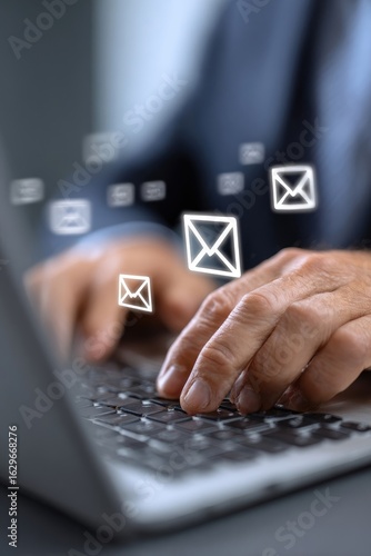 Closeup of hands typing on a laptop with email icons
