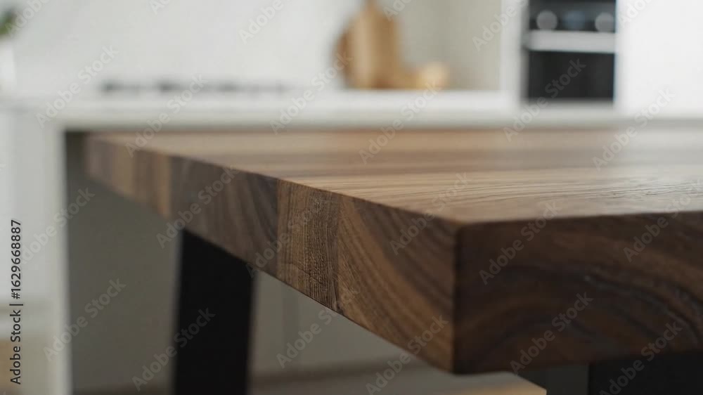 A brown wooden butcher block countertop with black metal legs in a modern kitchen