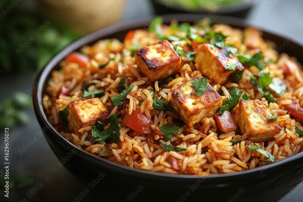 A vibrant bowl of paneer biriyani, highlighting the colorful ingredients used A vibrant bowl of paneer biriyani, highlighting the colorful ingredients used