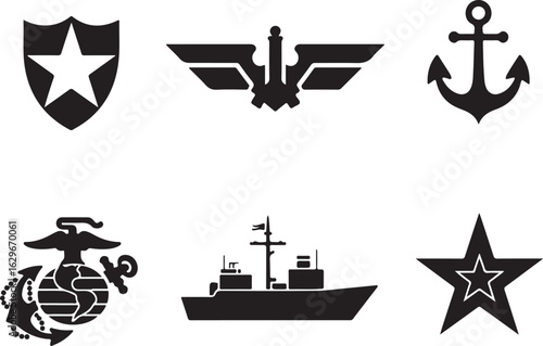 Naval and military emblems icons shield anchor ship star emblem