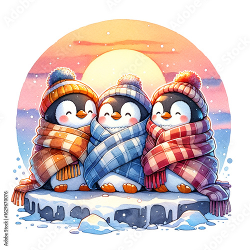 Cozy Penguin Trio: Delightful animated illustration of three adorable penguins, snuggled together warmly with hats and scarves, basking in the soft glow of a winter sunset.