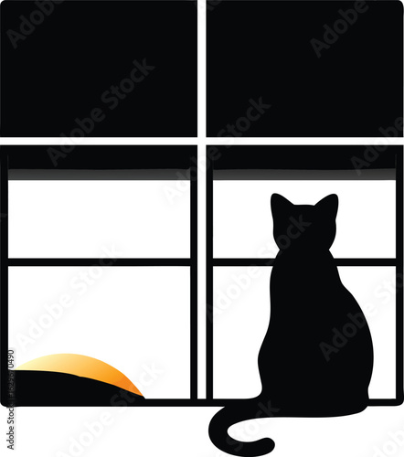 Vector illustration of black cat silhouette sitting on a windowsill looking out