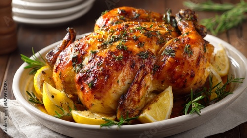 Roasted whole chicken garnished with herbs and lemon slices on ceramic plate.