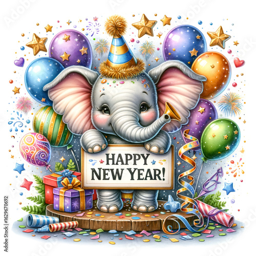 Joyful New Year Celebration with Animated Elephant: An adorable animated elephant, donning a festive party hat and holding a Happy New Year sign amidst a colorful array of balloons, stars.