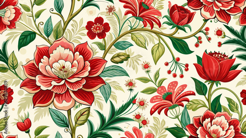 Bloom. Vintage floral seamless pattern. Spring flowers maroon and white. Chinoisere white background 