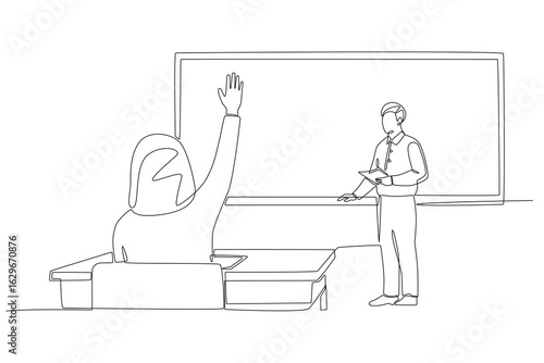 Female students who raised their hands. Student participating in discussions concept one-line drawing