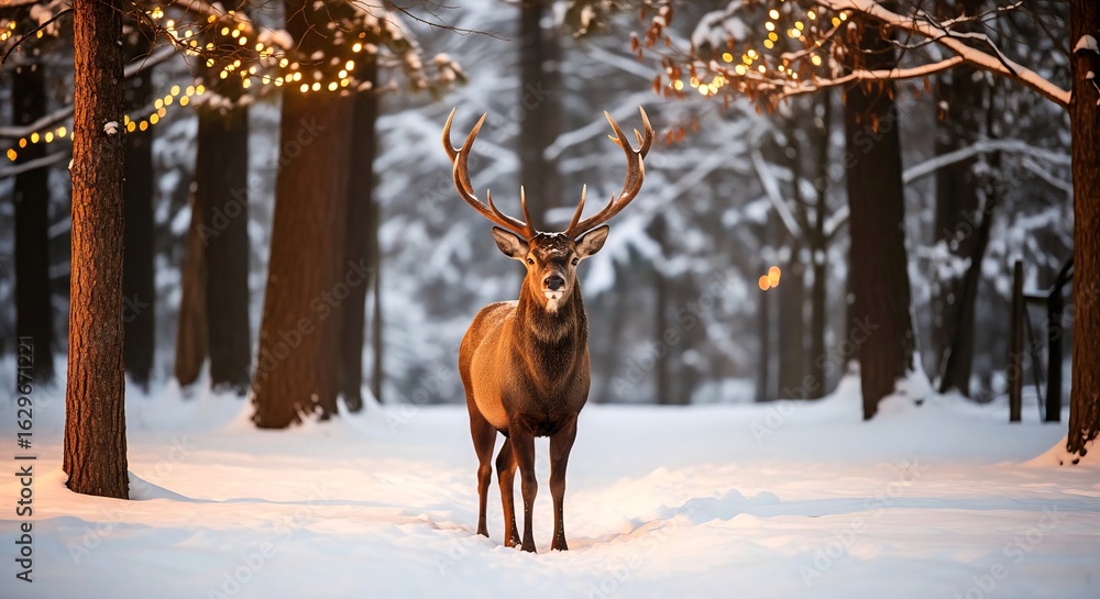 Fototapeta premium Majestic Red Deer with Antlers Standing in a Snowy Forest with Magical Christmas Lights