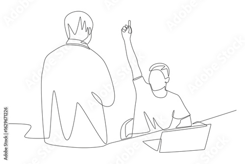 Students who raise their hands. Student participating in discussions concept one-line drawing