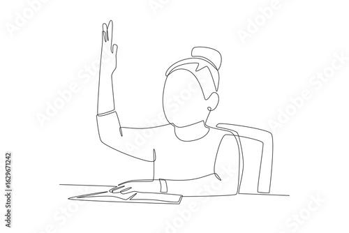 Female students who raised their hands. Student participating in discussions concept one-line drawing