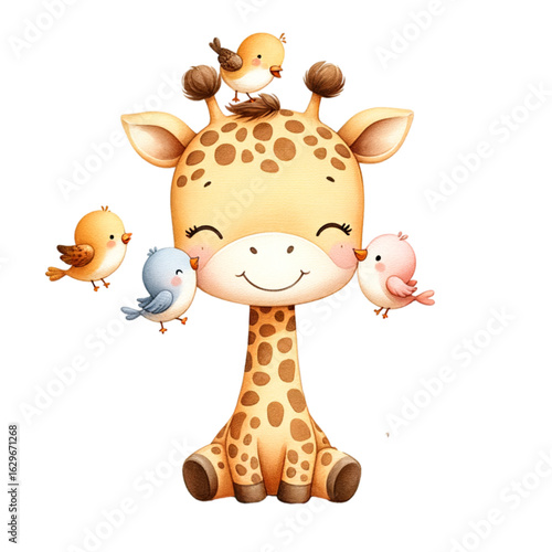 Cheerful Giraffe with Friends: A heartwarming illustration featuring a smiling giraffe playfully interacting with four charming birds, creating a scene of friendship and joy.