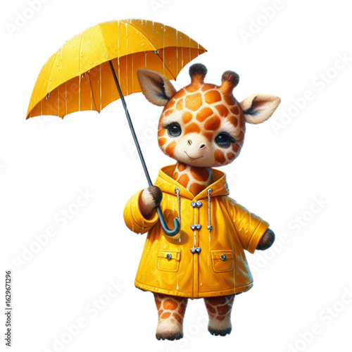 Gentle Giraffe and Rainy Day: Adorable illustration of a cute giraffe sheltered by a yellow umbrella, dressed in a matching raincoat, embracing the rainy day.