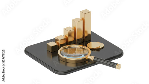Golden bars chart with magnifying glass and coins signifies financial growth and insightful analysis