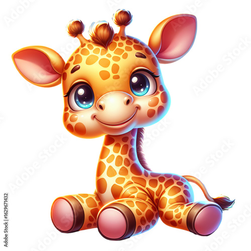 Cute Giraffe Illustration: A charming and playful illustration of a baby giraffe with large expressive eyes and a warm smile, showcasing the endearing qualities of this beloved animal.