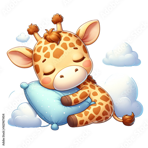 Dreamy Giraffe Embracing Pillow: A cute, sleepy giraffe cuddles a soft pillow, dreaming sweetly among fluffy clouds in a whimsical and heartwarming illustration.
