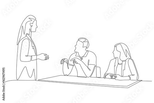 Students discussing with the teacher. Student participating in discussions concept one-line drawing