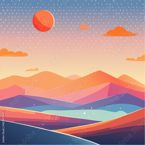 A vibrant, minimalist landscape featuring colorful mountains, a setting sun, and a dotted sky.