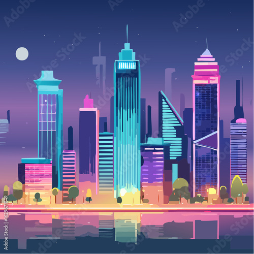 A vibrant illustration of a futuristic city skyline at night with glowing skyscrapers reflected in water.