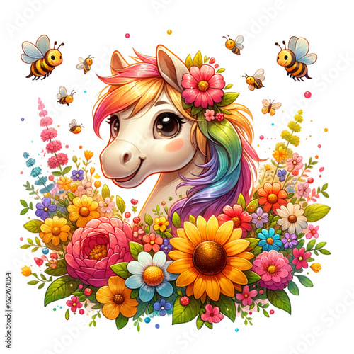 Whimsical Pony in Bloom: An enchanting illustration of a playful pony, surrounded by colorful flowers and buzzing bees. The scene radiates joy and imagination.
