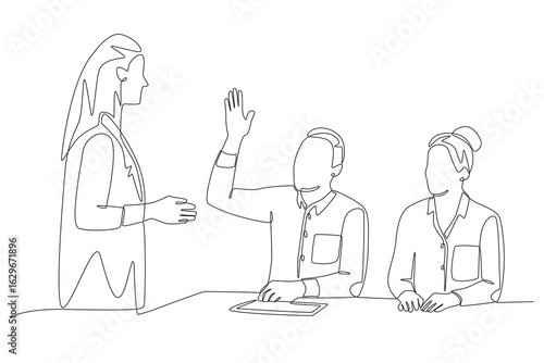 Students who ask the teacher. Student participating in discussions concept one-line drawing