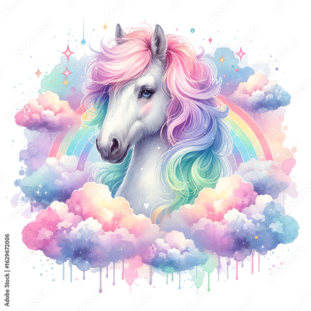Fototapeta premium Celestial Unicorn: A watercolor illustration showcases a majestic unicorn with a rainbow mane and tail, set against a backdrop of soft, pastel clouds and a vibrant rainbow.