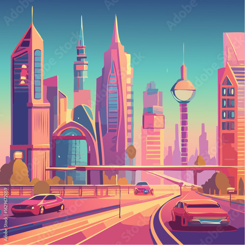 Vibrant illustration of a futuristic city with colorful skyscrapers and cars on a highway at dusk.