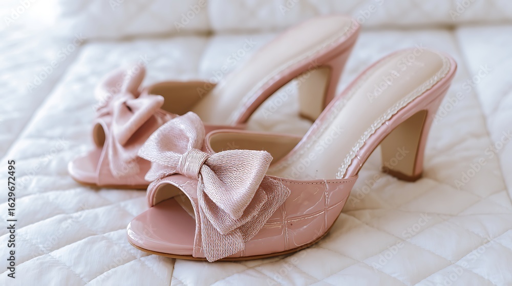 Obraz premium Pink glossy high heel mules with bows and open toe arranged on white quilted surface feminine and elegant styling