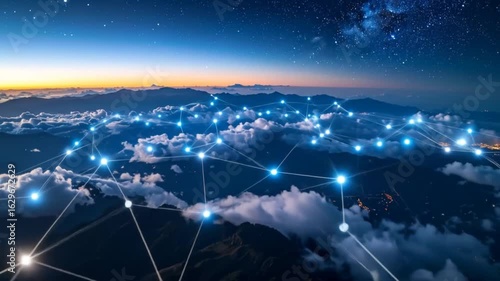 A network of interconnected points of light overlays a mountain range under a starry night sky.