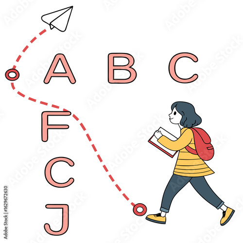 Illustration of a student girl following a dotted path from a paper plane through letters to school
