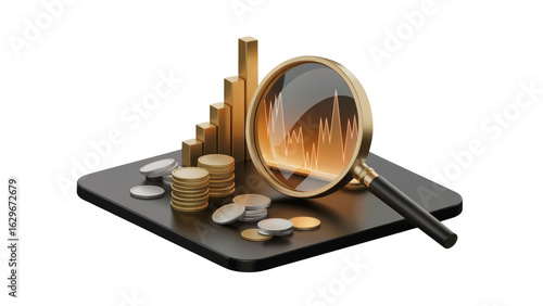 Analyze financial growth charts and coins with a magnifying glass for investment strategy