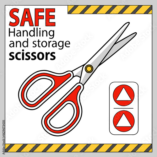 A graphic illustrating scissors safety with text and scissors on a background with yellow stripes design