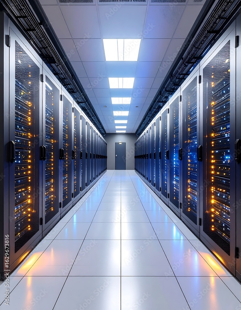 Fototapeta premium Server room hallway with rows of equipment